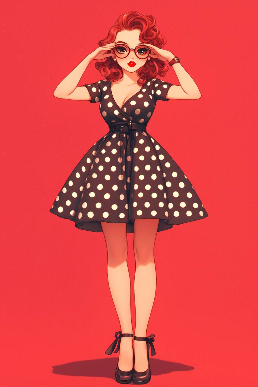 Chica anime inspirada en Emma Stone con cabello rojo, estilo vintage, vestido midi de lunares, gafas de gato, labios rojos, tacones de gatito, café retro.