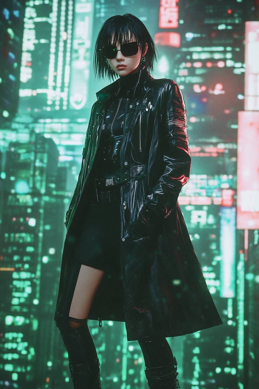 Garota de anime com cabelo curto preto, casaco de couro preto, óculos de sol e botas de combate em um fundo de cidade cyberpunk.