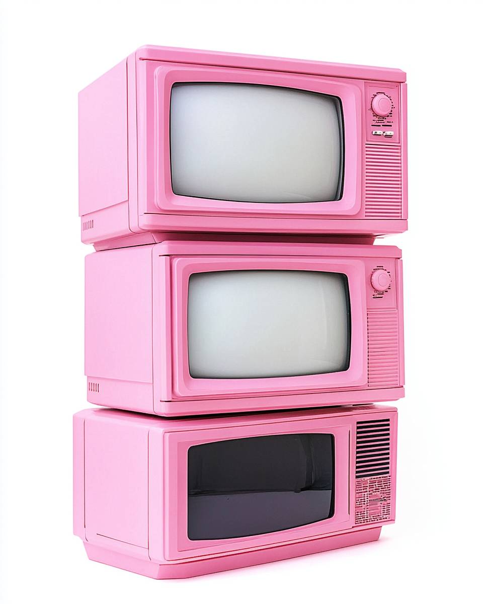 A stack of four 90s pink televisions with white screens against a white background in 8K real photo.