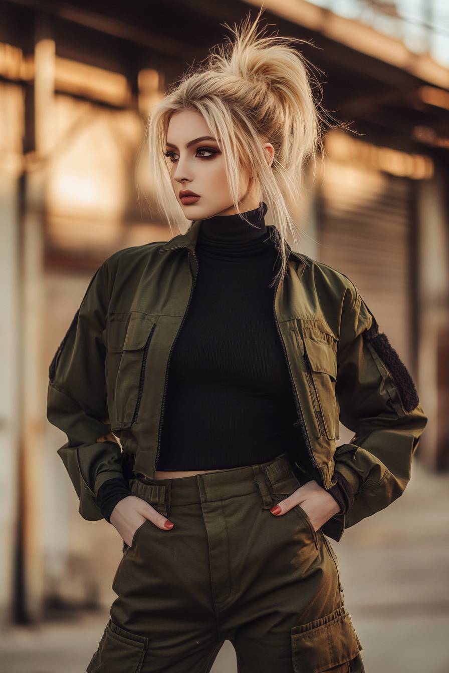 Chica de anime al estilo Riza Hawkeye con moño rubio, moda inspirada en el ejército: chaqueta de bombardero oliva, cuello de tortuga negro, pantalones cargo, botas de combate.