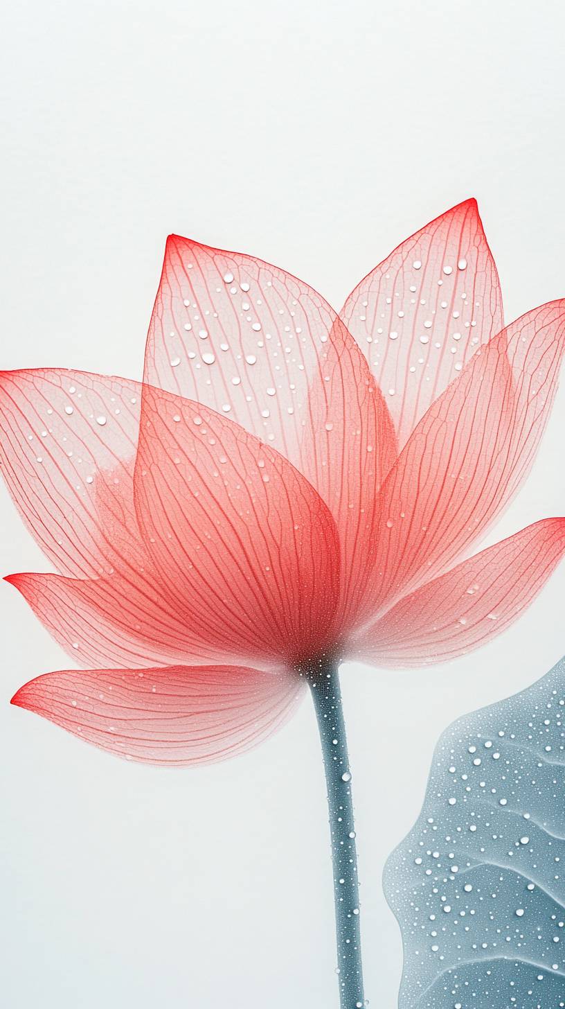 Makrofotografie einer halben Wassermelone mit Lotusblume und -blatt auf einem schlichten weißen Hintergrund mit Wassertropfen.