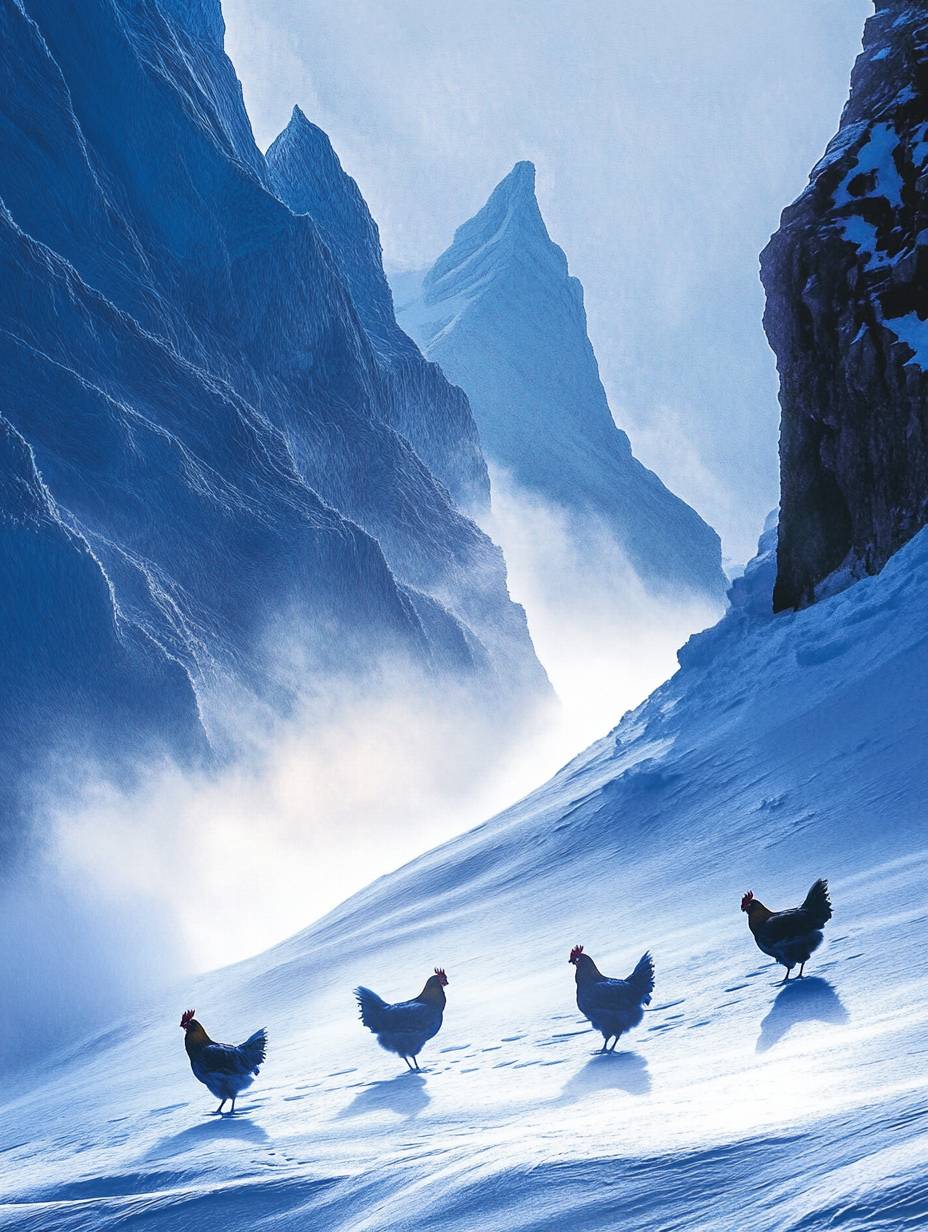 Cuatro gallinas caminan en la nevada montaña Changbai, con sus siluetas alargadas por la luz del sol sobre la nieve, luciendo dinámicas.