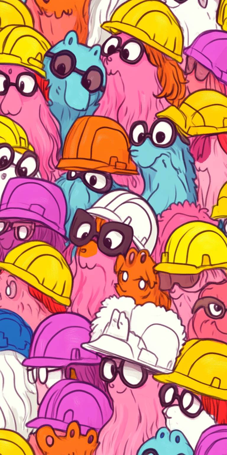 Cute monsters wearing construction helmets in a seamless minimalist doodle pattern.