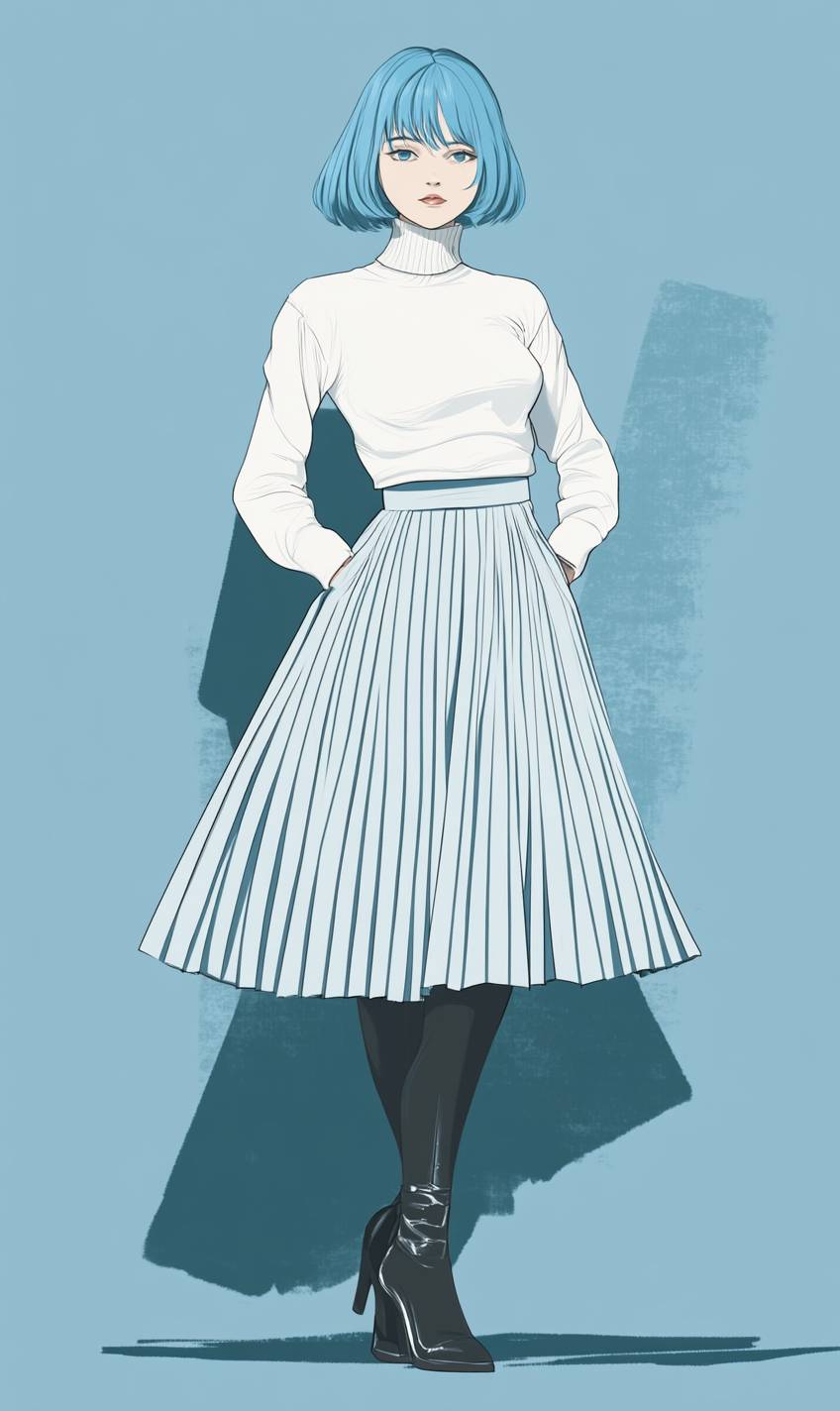 Rei Ayanami porte un pull blanc à col roulé et une jupe midi plissée avec des bottes chevilles, présentant un style minimaliste.