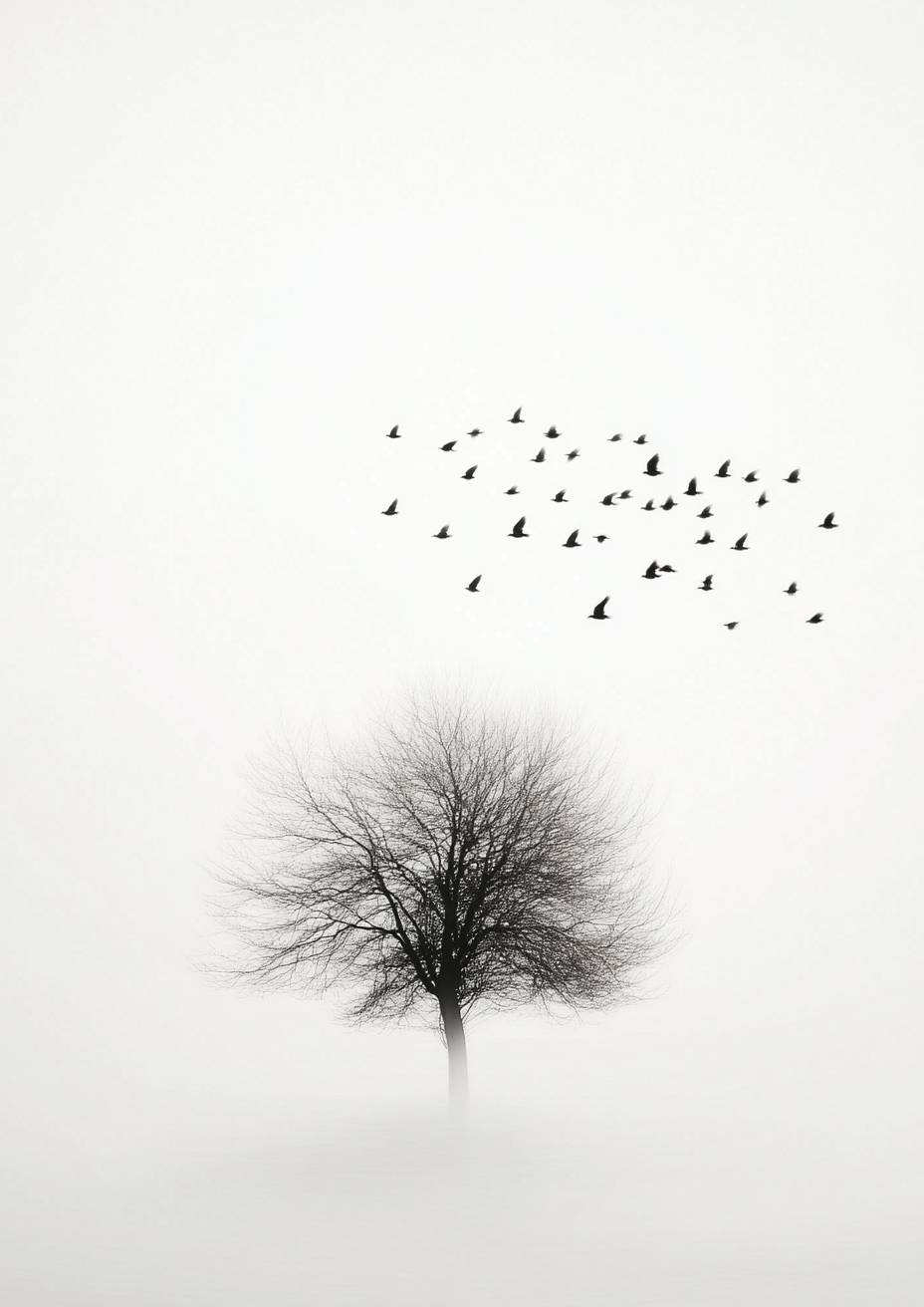 A flock of birds flying away from a tree, simple yet hyper-realistic photograph.