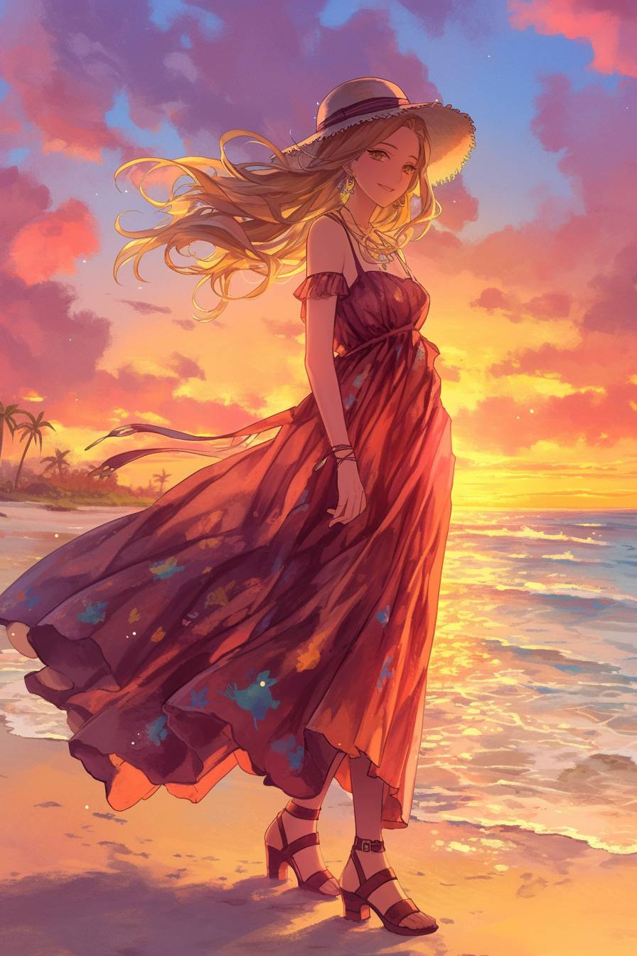 Fille anime inspirée par Blake Lively avec cheveux blonds dorés, robe maxi fluide bohème chic, colliers superposés, sandales gladiateur et coucher de soleil à la plage.