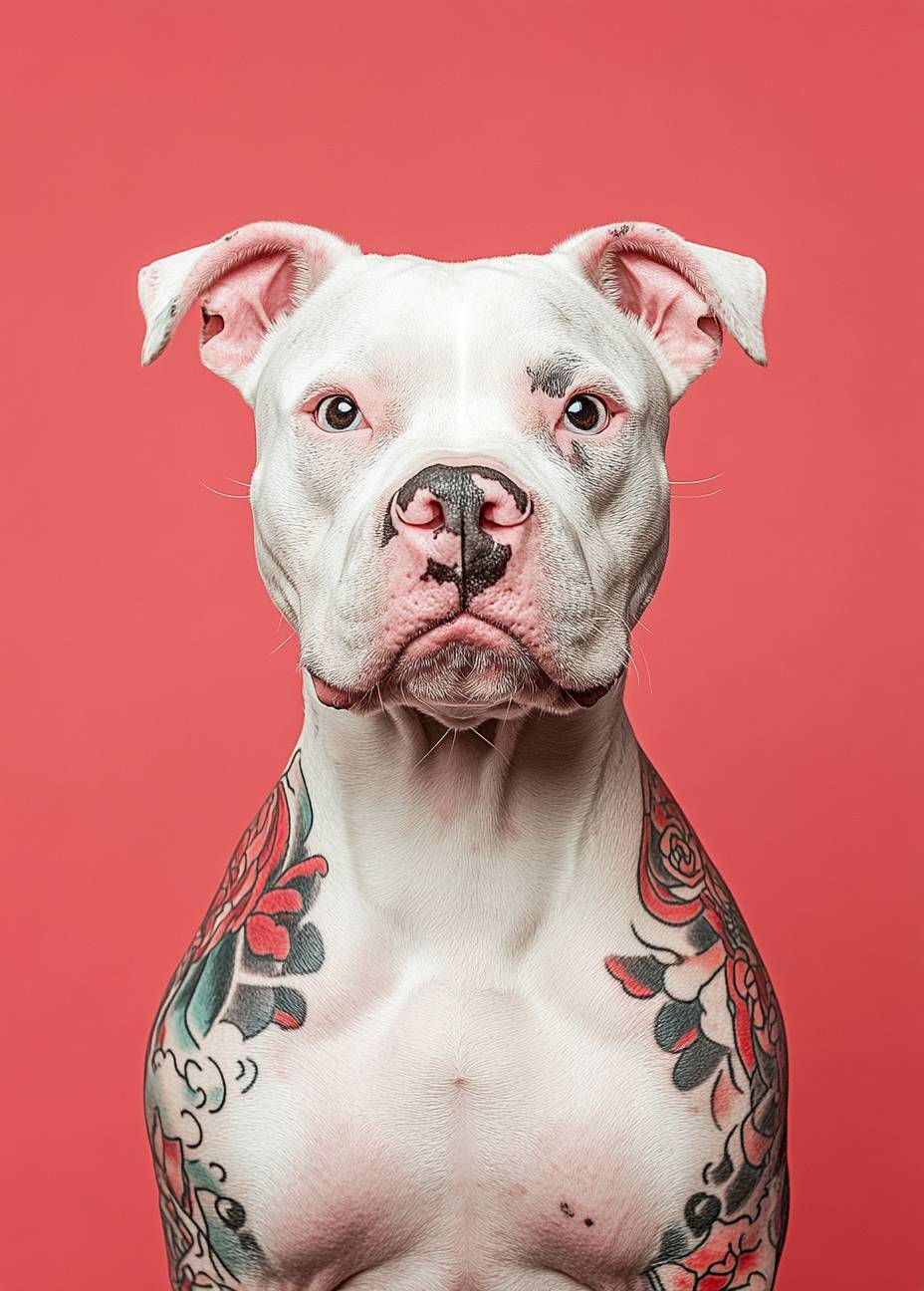 Close-up portrait of a white pit bull with full-body Japanese-style tattoos against a solid color background.