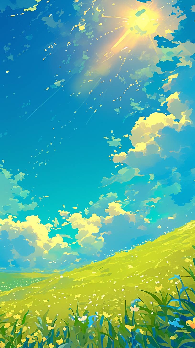 This is a cartoon style flat illustration of grass and sky, suitable for children's books or game graphics.