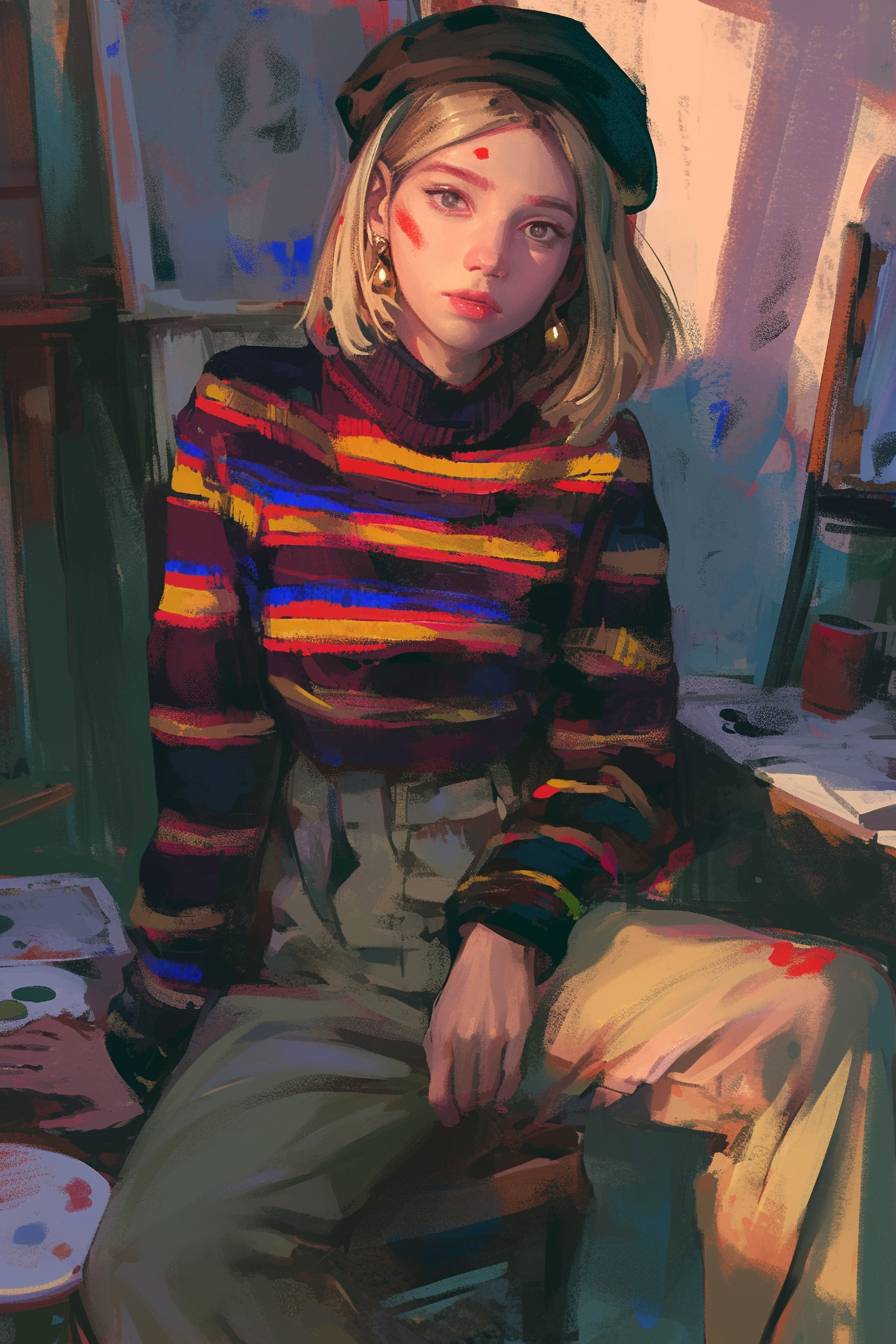 Saoirse Ronan's fashion: anime girl with blonde bob, painter pants, striped shirt, and beret in an art studio.