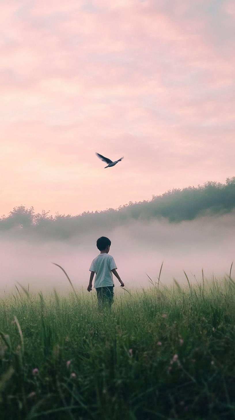 Ein 13-jähriger Junge geht im Winter auf einem grasbewachsenen Feld, mit frisch sprossendem Gras und Nebel, während ein kleiner Vogel fliegt, wodurch eine malerische ländliche Szene entsteht.