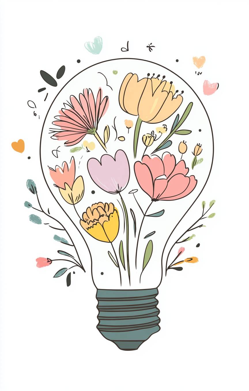 A simple lightbulb with flowers inside, simple line art, pastel colors, white background, coloring book page style, adorable sticker