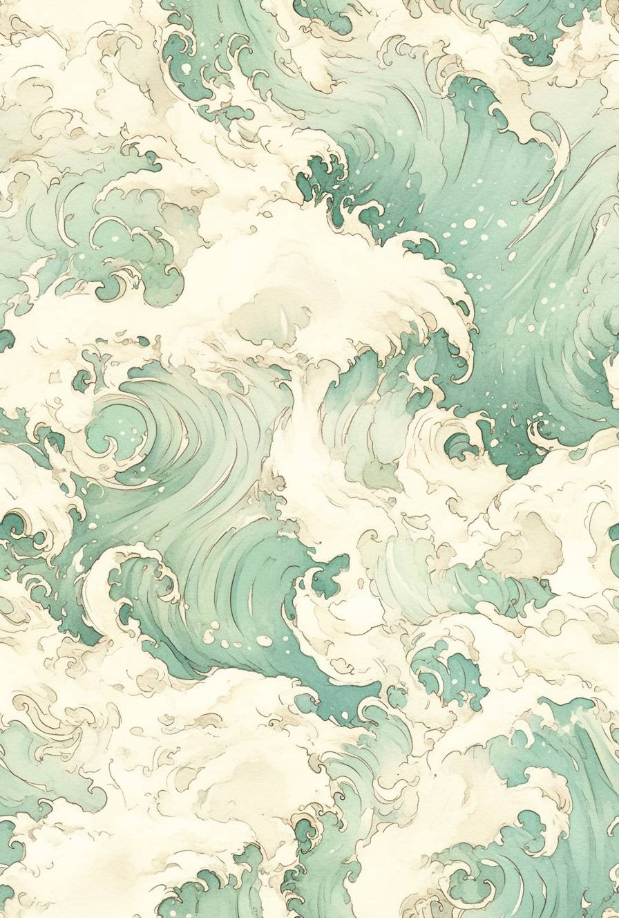 An illustration featuring many waves in an intricate foliage style, with dark white and light green flowing fabrics and unique pen and ink details.