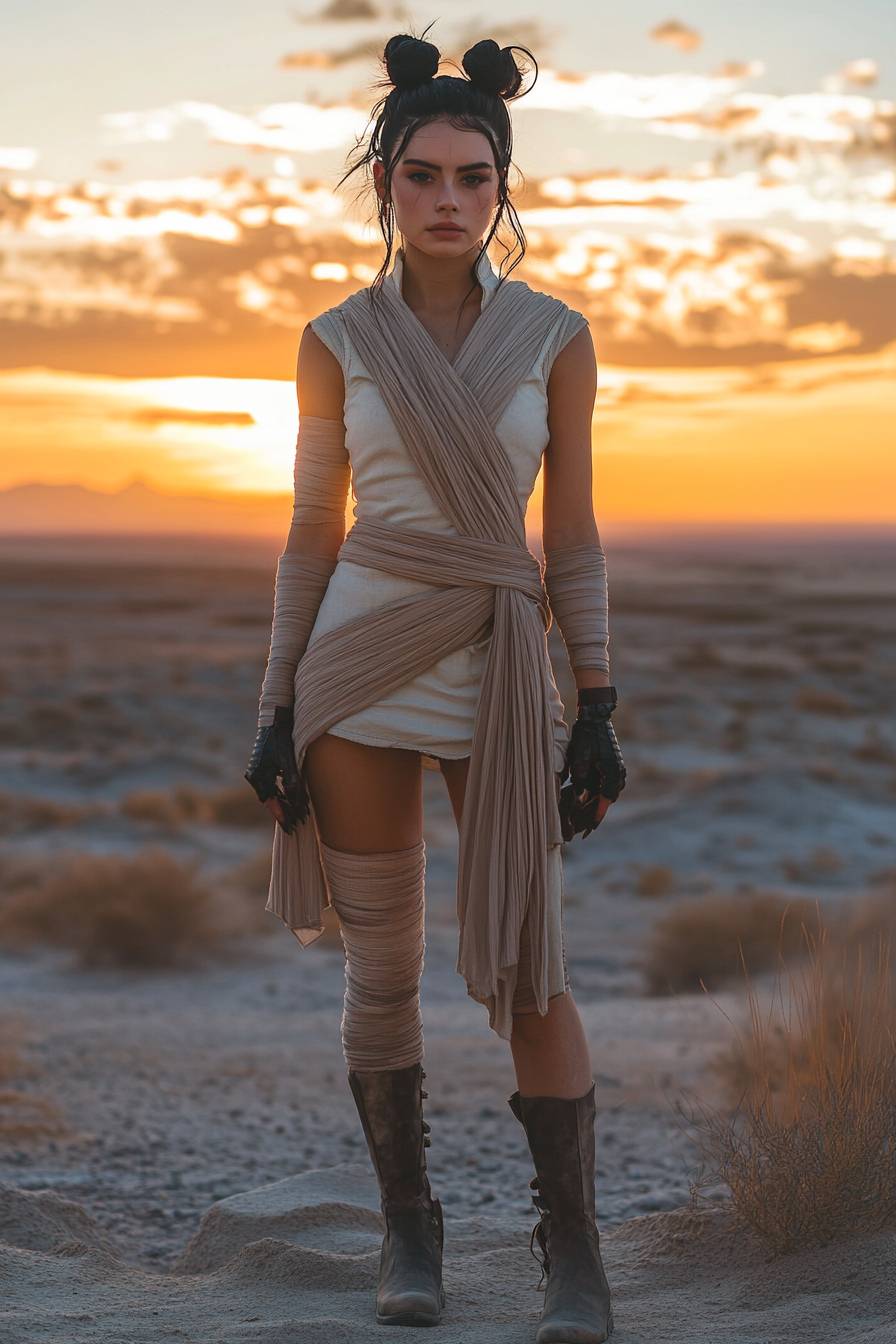 Garota de anime inspirada em Rey de Star Wars, estilo de viajante do deserto.