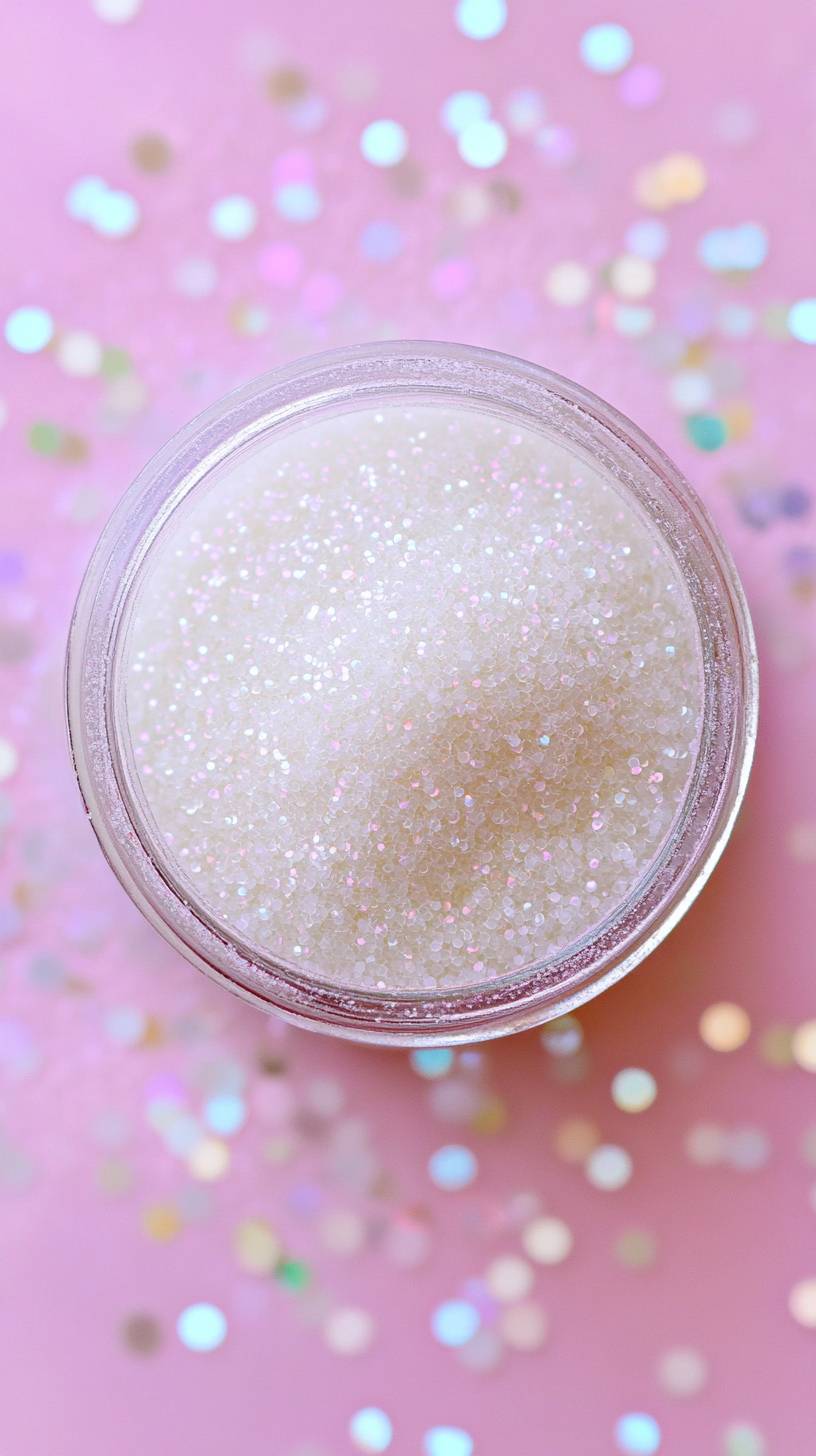 Glittery white iridescent sand overhead view with bokeh background.