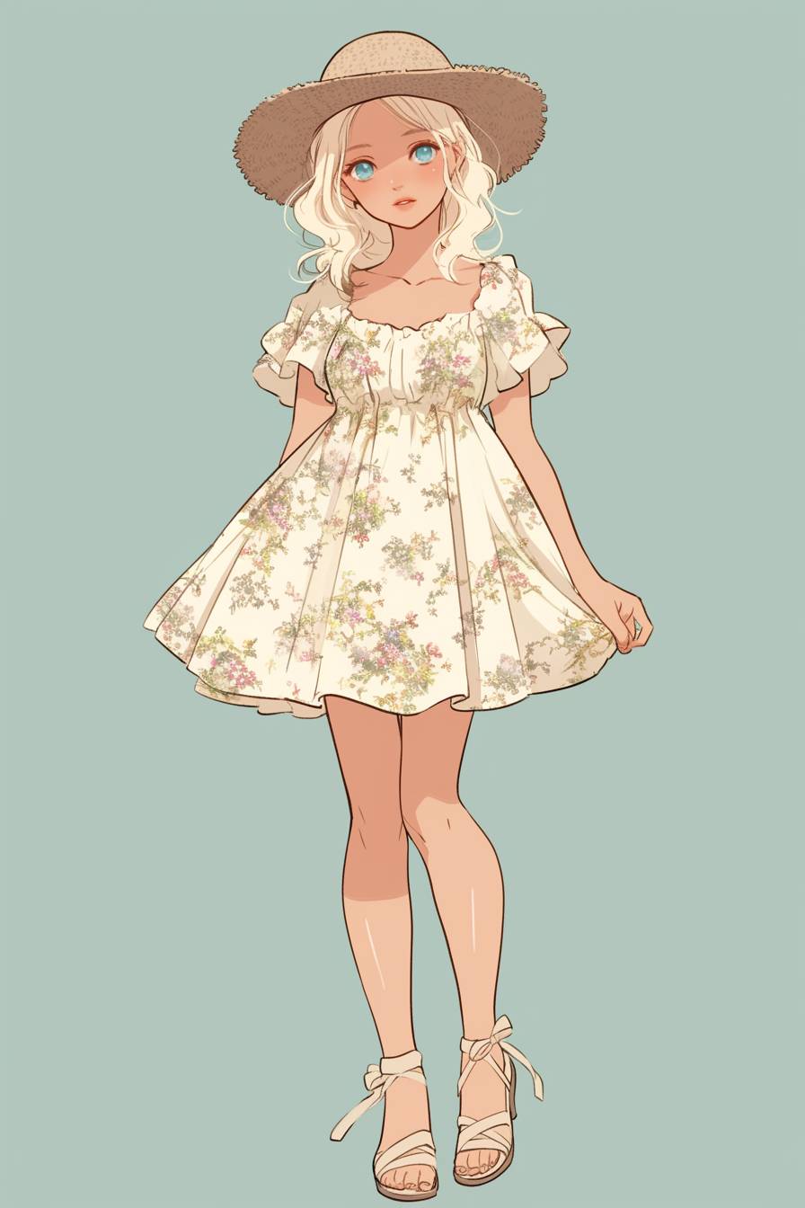 Chica de anime inspirada en Elle Fanning, con cabello rubio pálido, vestido de estampado floral, sombrero de paja, espadrilles, perfecta para una fiesta en el jardín.