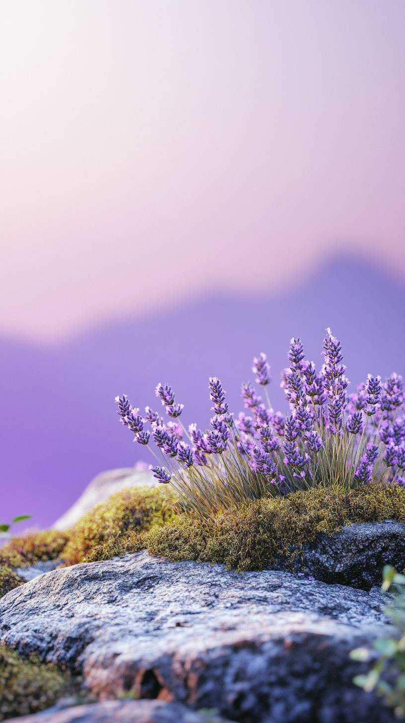 Fondo publicitario de naturaleza con lavanda, musgo y rocas, cielo degradado púrpura, estilo minimalista.