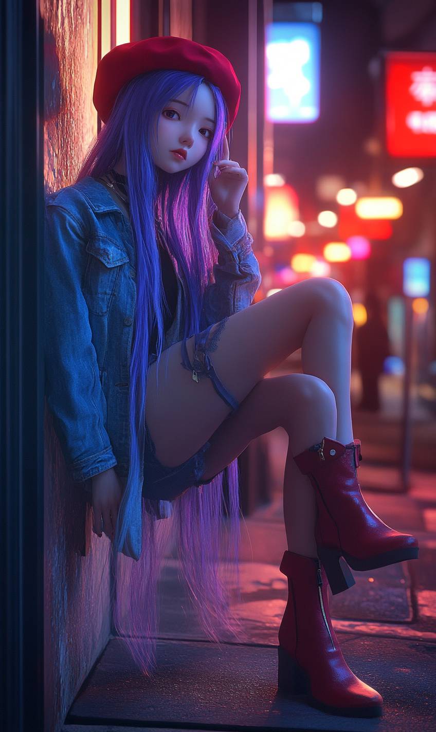 Misato Katsuragi veste um estilo casual com jaqueta de jeans, vestido midi, boina vermelha e botas de tornozelo, contra o pôr do sol do centro da cidade.