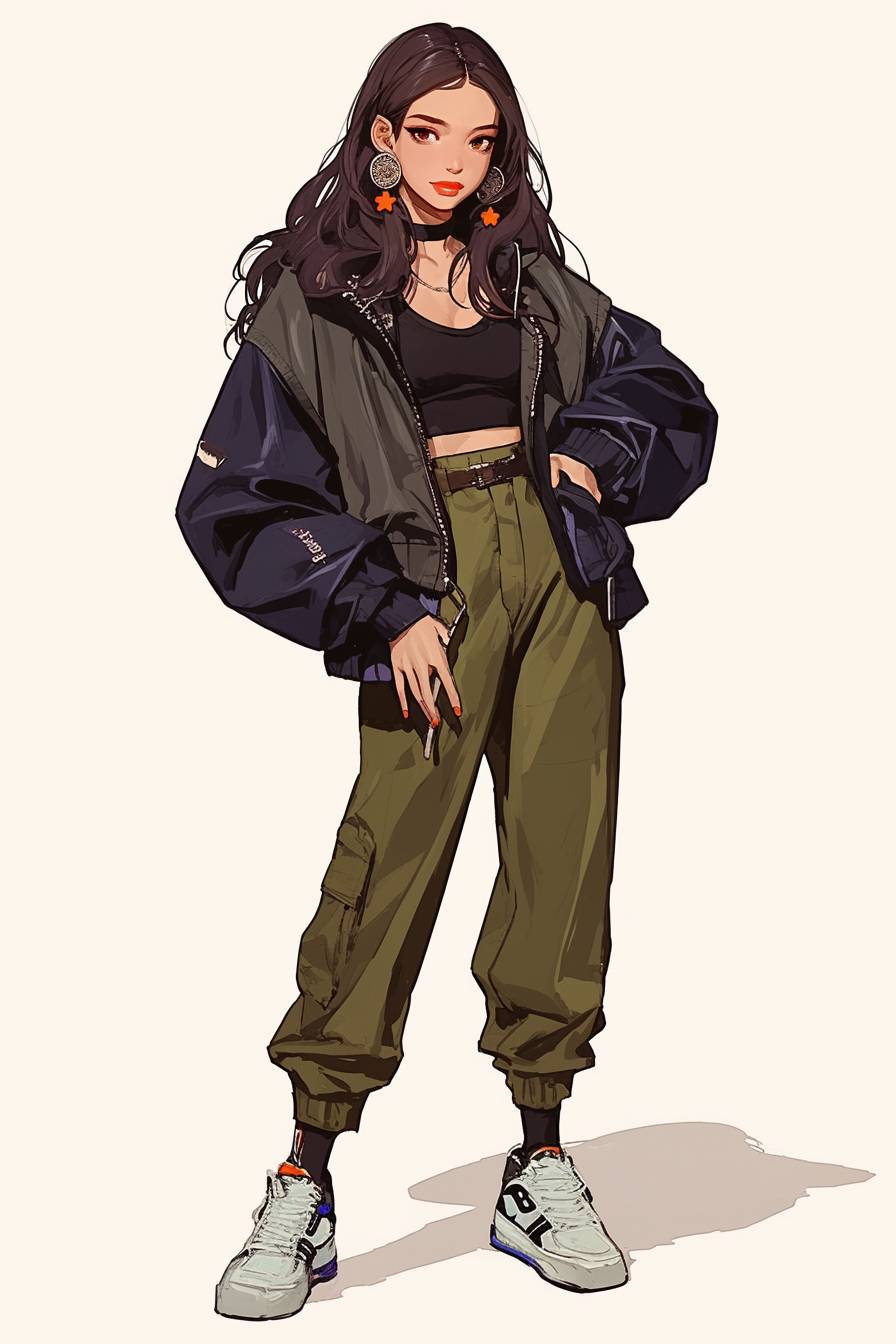 Anime-Mädchen inspiriert von Hailee Steinfeld, mit langen dunklen Haaren, Streetstyle, kurz geschnittene Jacke, hochgeschnittene Hose und klobigen Sneakers auf einer Stadtstraße.