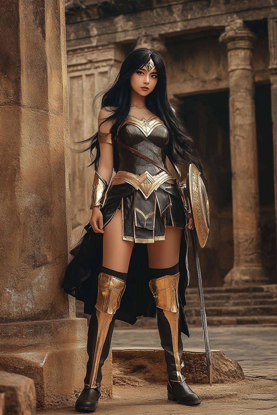 Une fille d'anime avec de longs cheveux noirs dans une tenue de guerrière avec des accessoires dorés se tient devant un ancien temple.