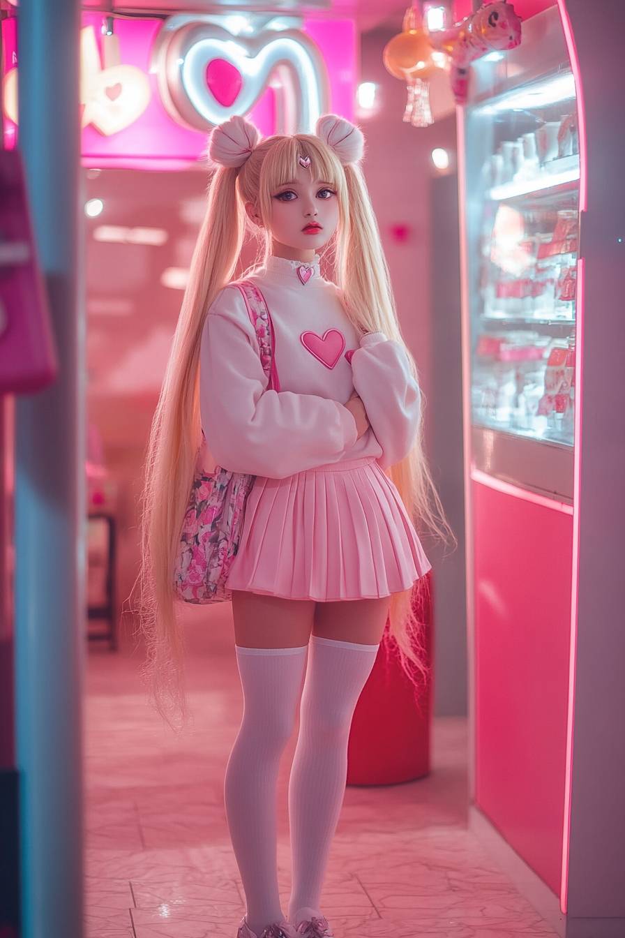 Chica de anime con largas coletas rubias vestida con falda rosa de tablas y suéter con estampado de conejo blanco, llevando un bolso en forma de corazón y calcetas hasta la rodilla.