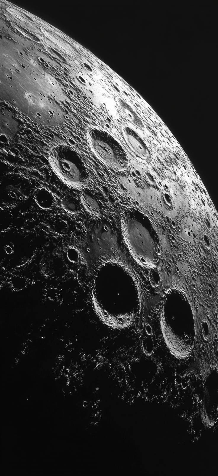 Une illustration détaillée en noir et blanc de la surface de la lune mettant en avant des cratères complexes, évoquant l'admiration pour la beauté du système solaire.