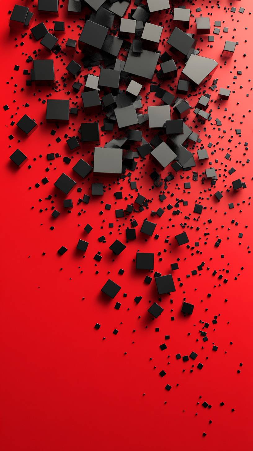 A red wallpaper featuring bouncing tiny black squares, geometric, dark, and cartoonish.