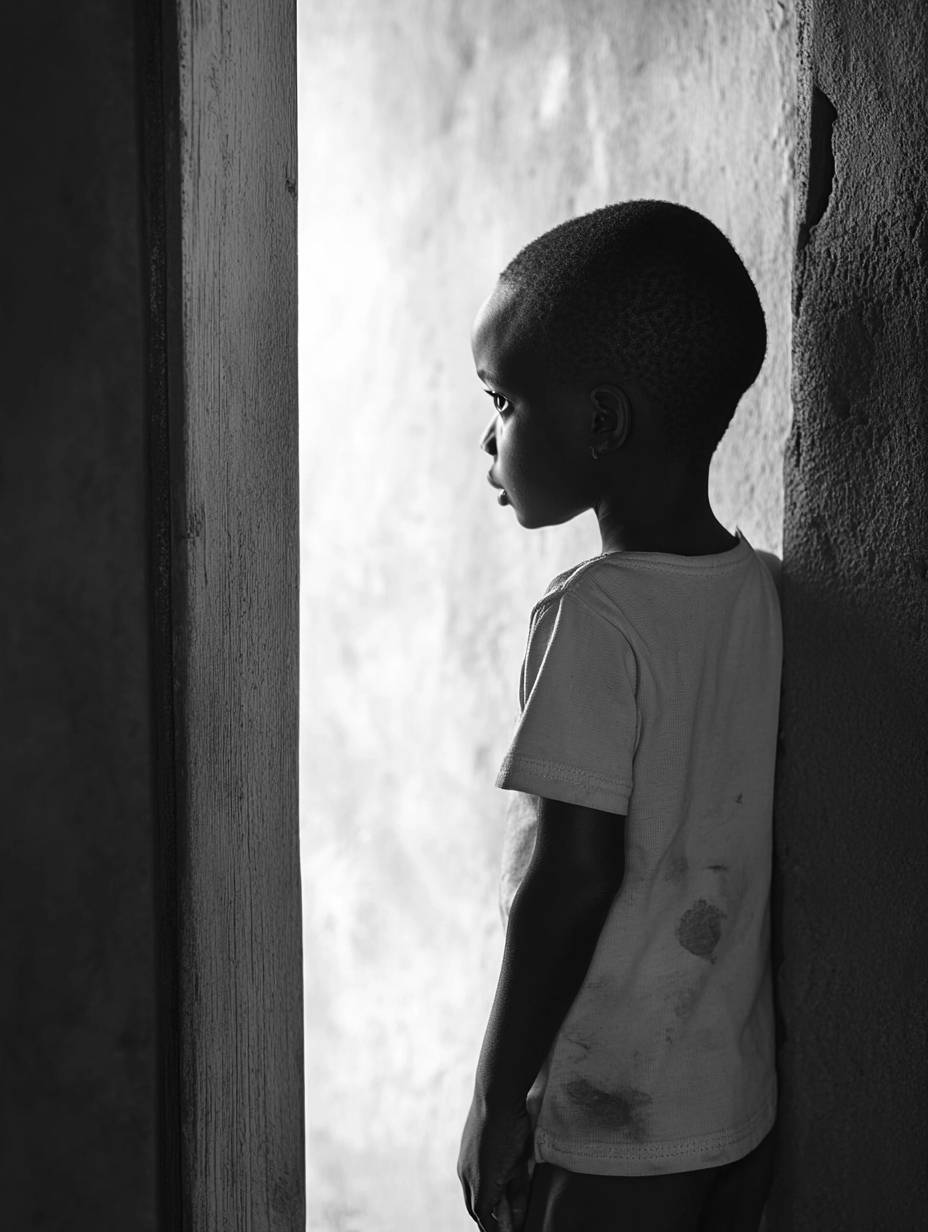 Un niño africano pensativo de pie junto a una puerta en una fotografía en blanco y negro de cuerpo entero.