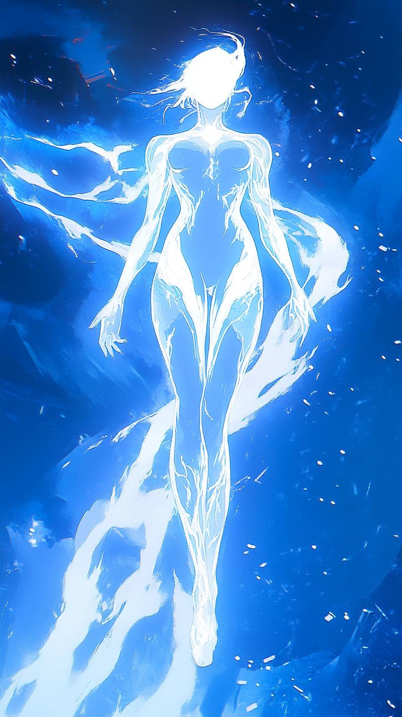 A white glowing female figure stands against a blue background with a glowing light effect.