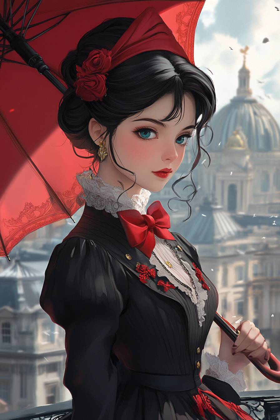 Anime girl inspired by Mary Poppins, with neat black hair, Victorian dress, red bow tie, umbrella accessory, against a backdrop of London rooftops.