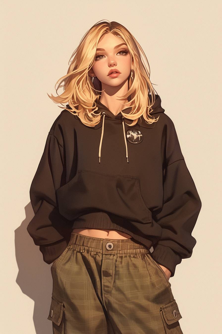 Chloe Grace Moretz's style, anime girl with blonde waves, skater girl fashion, hoodie, cargo pants, Vans, skate park