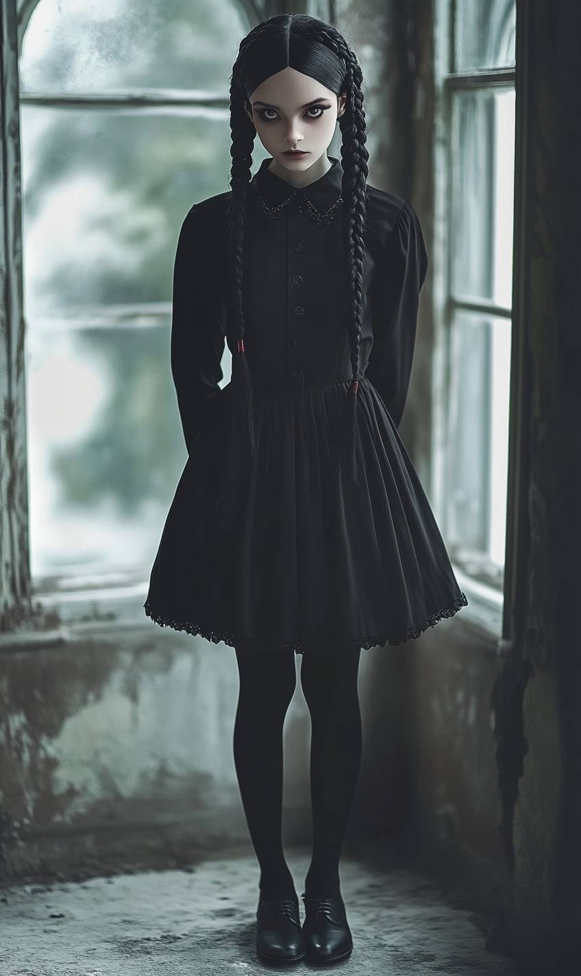 Chica de anime inspirada en Wednesday Addams, con un vestido negro de cuello tipo Peter Pan, medias negras y zapatos Oxford, en una mansión gótica.