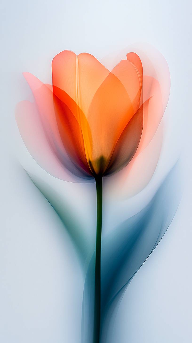 Fotografia em suave foco de um tulipa laranja em fundo branco, destacando cores sonhadoras e efeitos perolados.