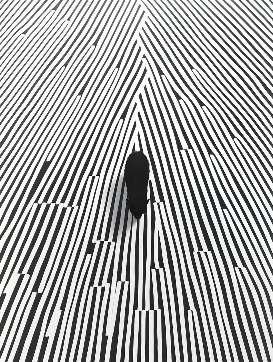 A black and white cat walks through thin black lines, creating a mesmerizing visual effect.