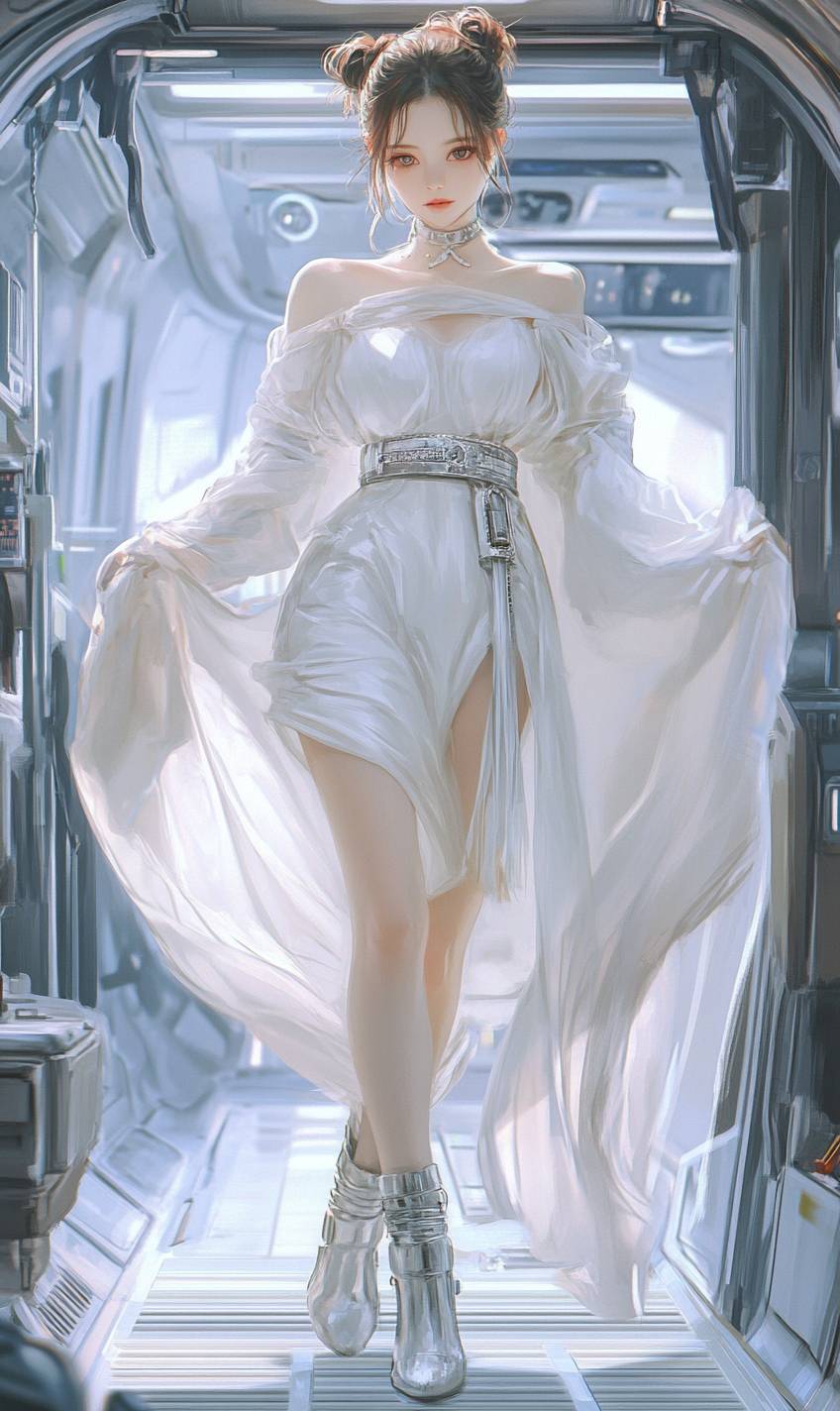 Fille anime dans le style de la princesse Leia avec des chignons latéraux, portant une robe blanche fluide, une ceinture argentée et des bottes élégantes à l'intérieur d'une station spatiale.