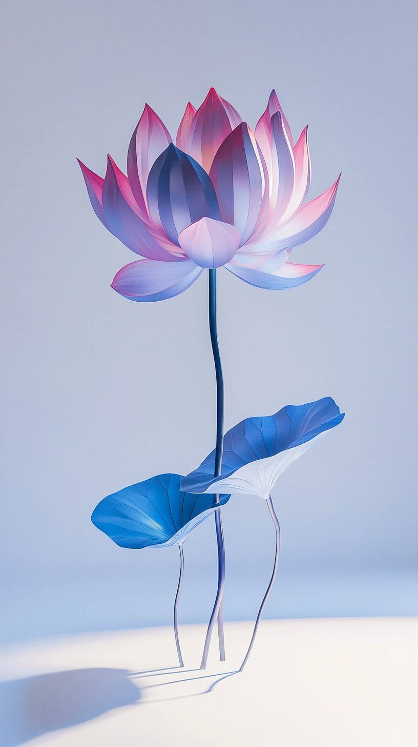 Una obra de arte 3D de una flor de loto botánica en tonos rosa a azul, en estilo de escultura minimalista, con foco en el centro.