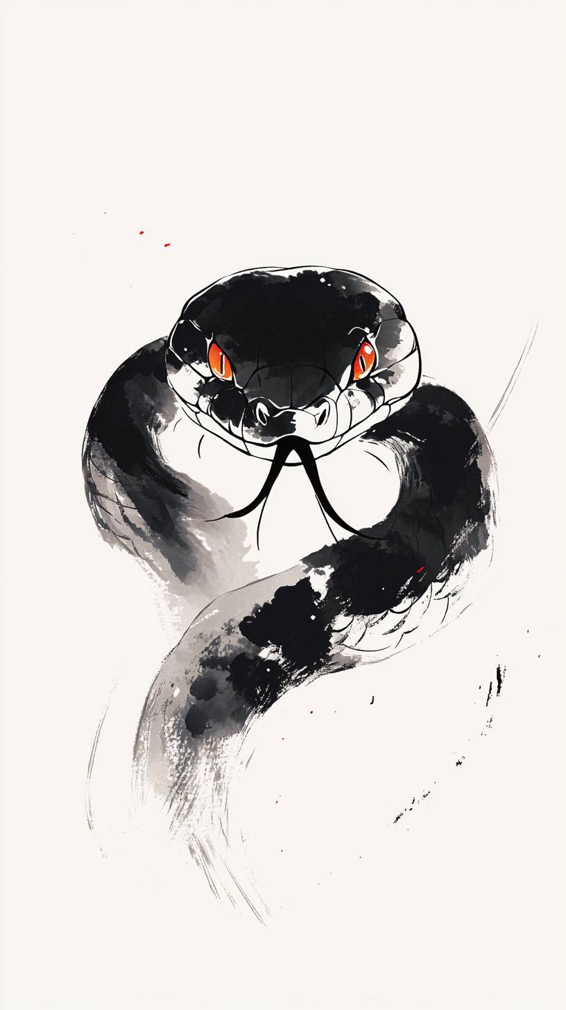 Cute black snake painted by Wu Guanzhong in a cartoon style with simple abstract lines, front view, in 18K art style.