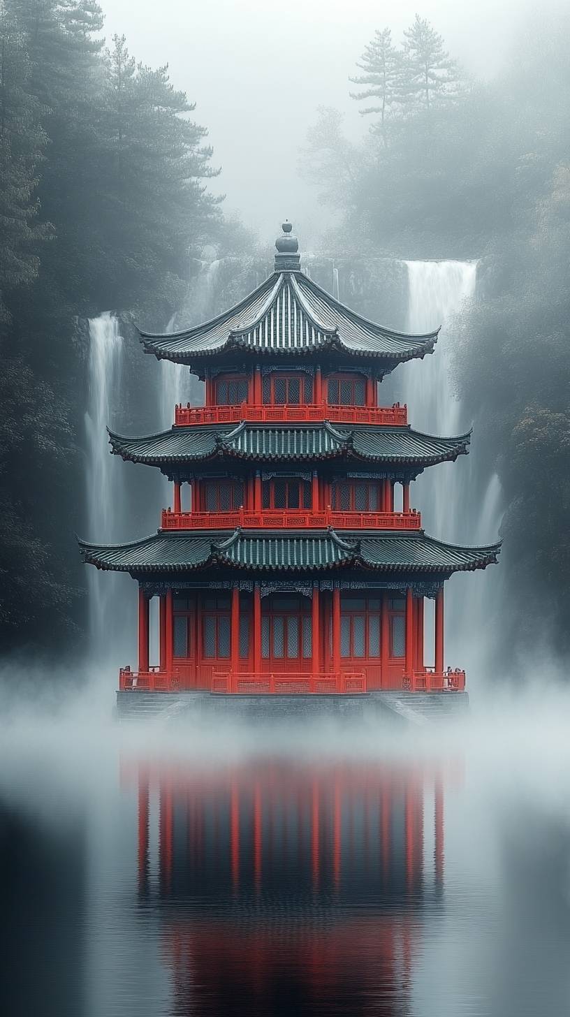 Un bâtiment chinois entouré de brume et de cascades, présenté en photographie à longue exposition avec un design minimaliste et une composition symétrique.