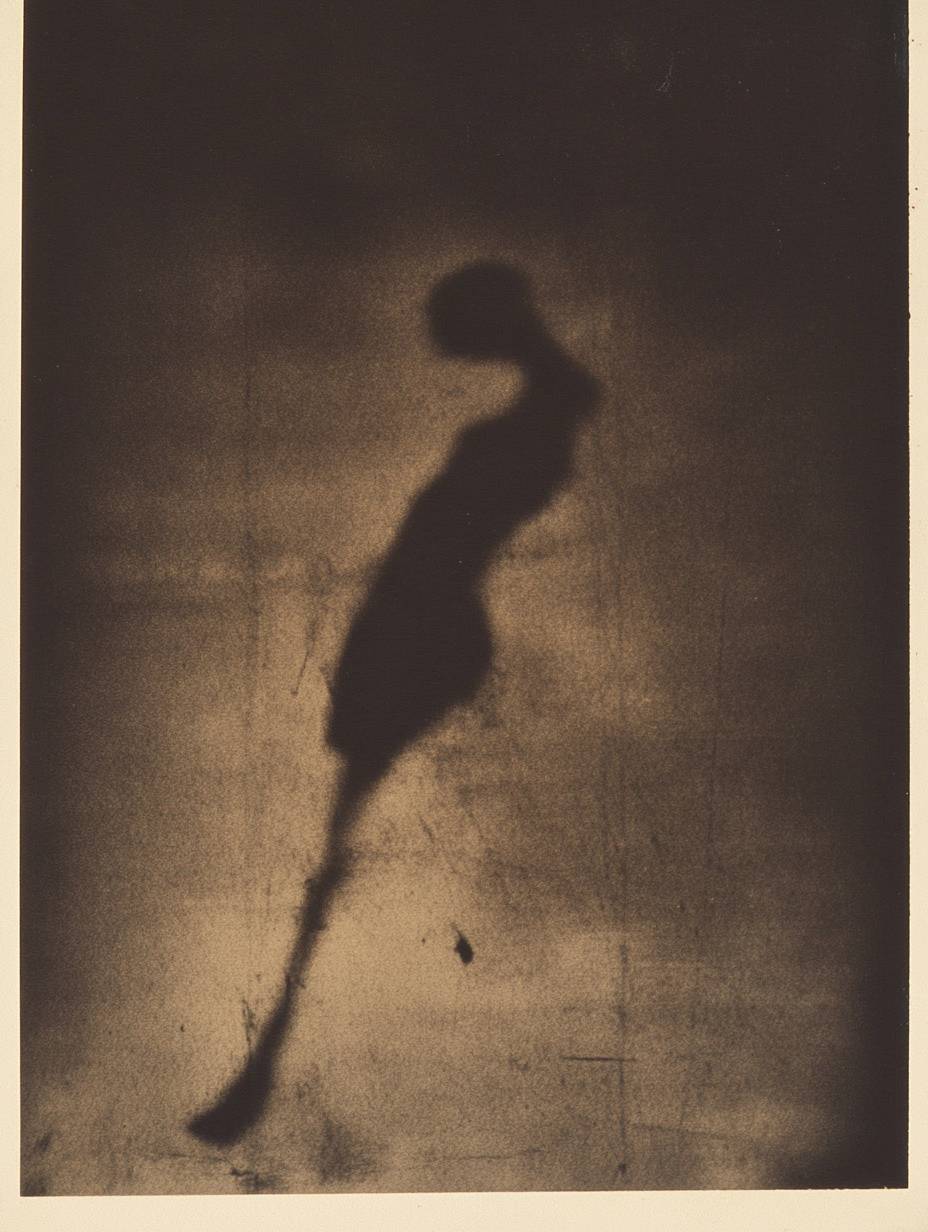 A vintage photograph showing an object's shadow on paper resembling an inkblot.