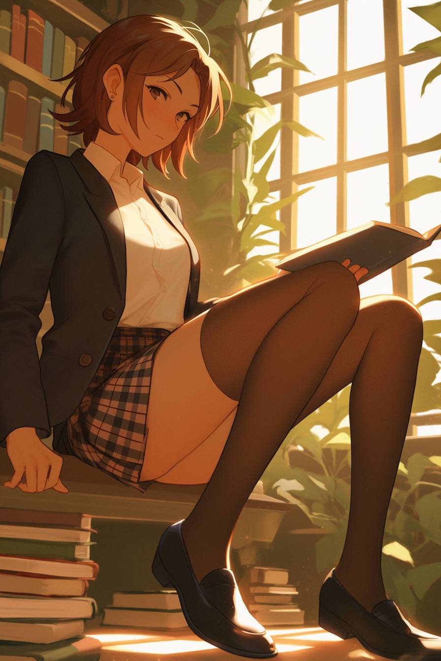 Emma Watson style: anime girl with short brown hair, wearing navy blazer, white button-up shirt, plaid skirt, and oxford shoes, reading a book in a library.