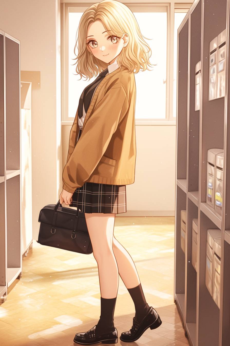 Chica de anime con estilo Kiernan Shipka, cabello rubio bob, falda de cuadros, cárdigan y zapatos oxford en un pasillo escolar.