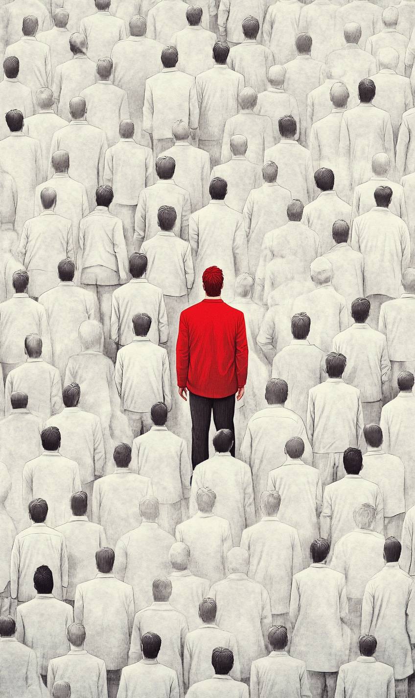 A man in red stands out uniquely among a crowd of white people.