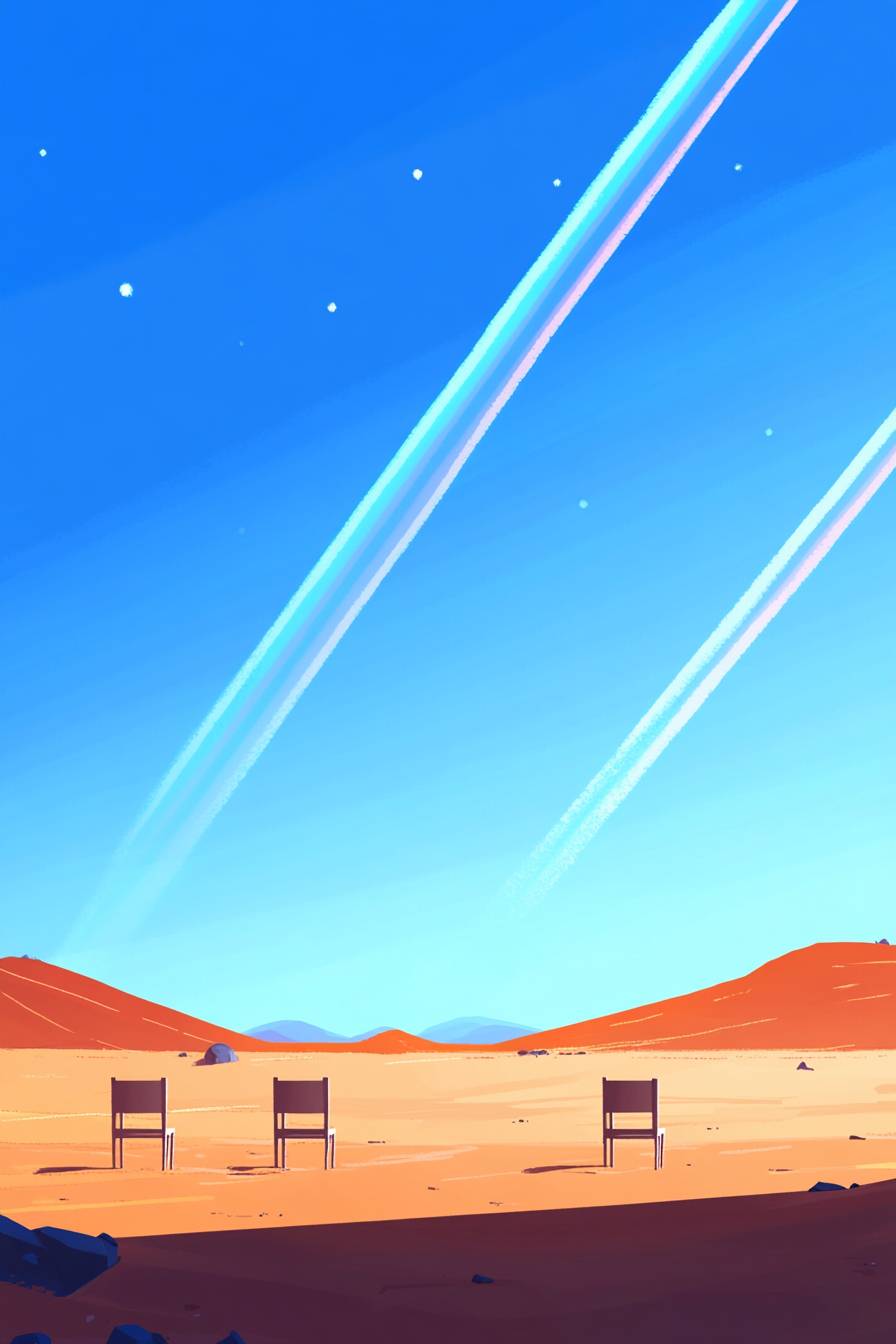 A simple illustration of an empty desert with three small chairs in the distance and light beams shining down with rainbow effects on them.