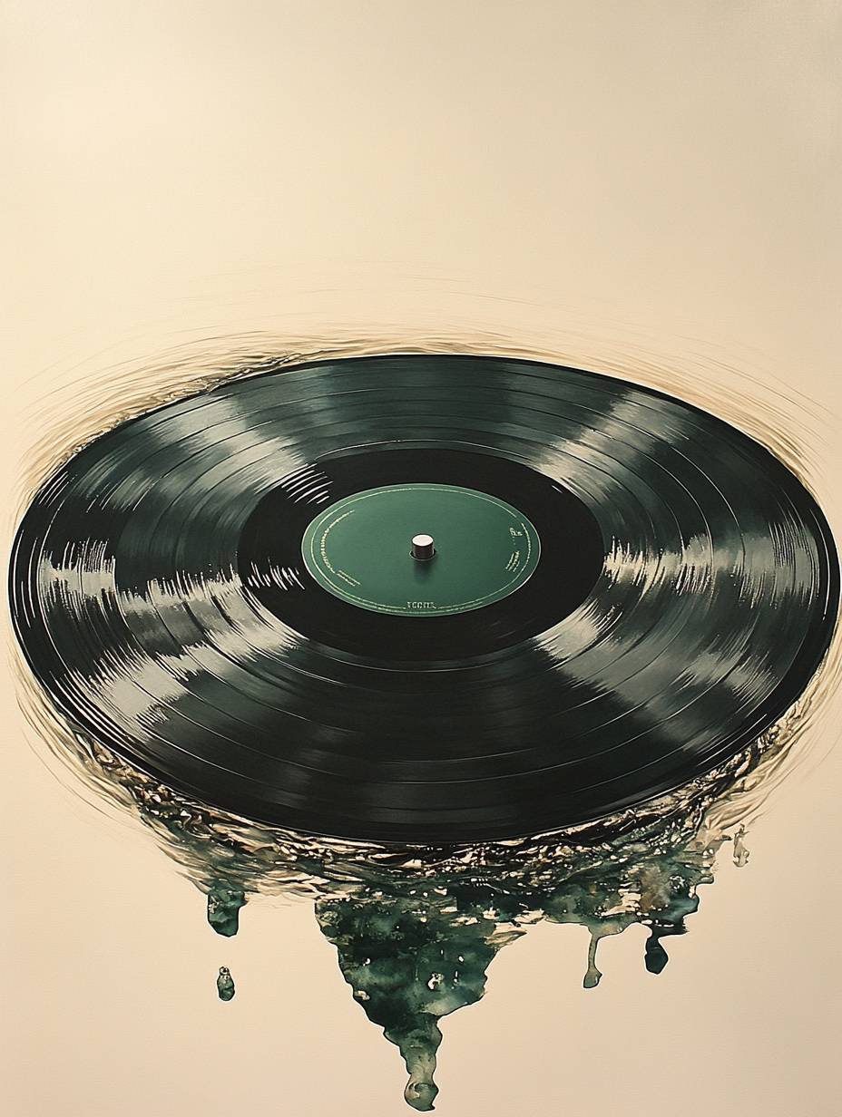 A minimal pop art painting of a black record with an emerald green label and olive green ripples on a solid white background.