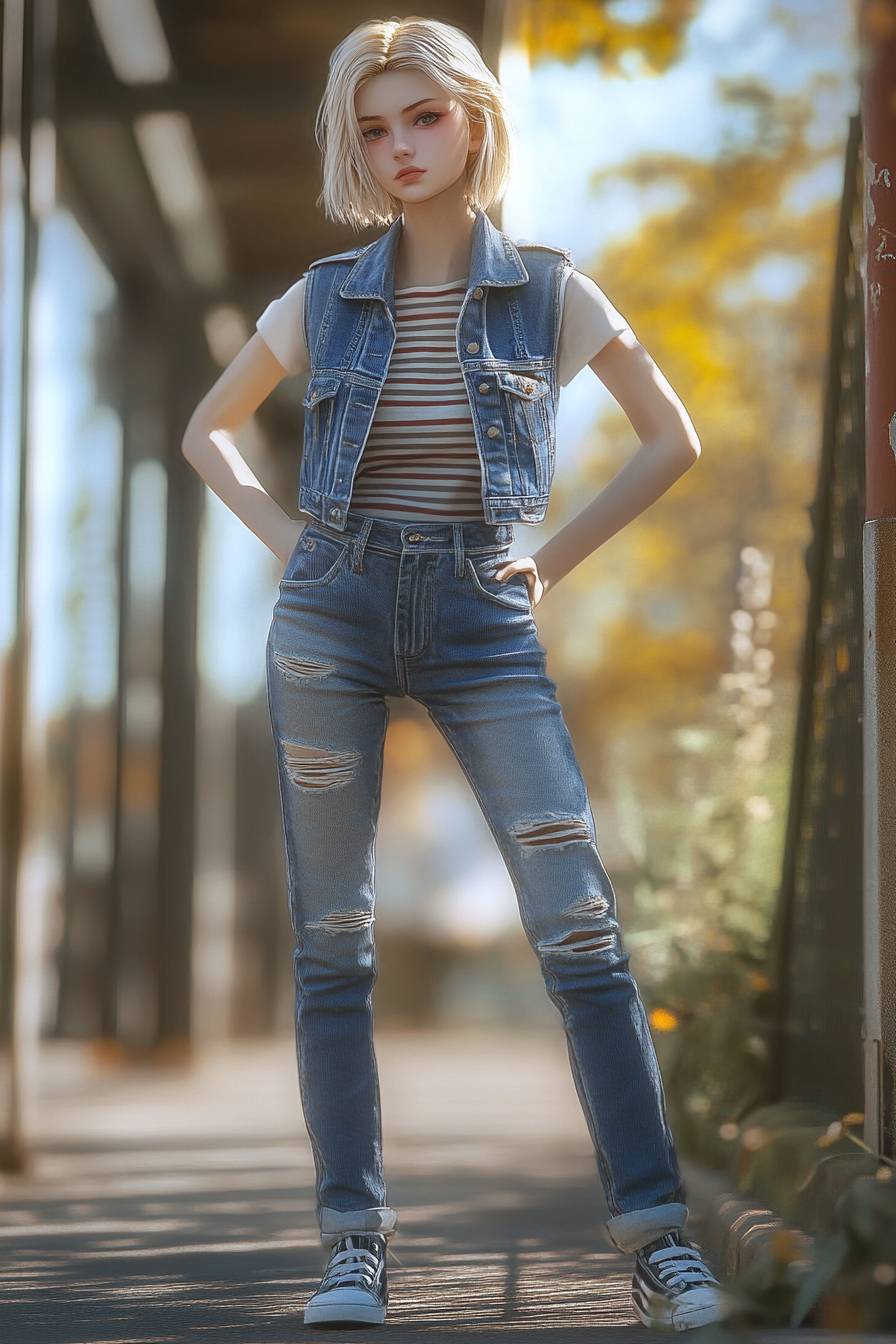 Fille anime au style Android 18, cheveux blonds courts, tenue décontractée, gilet en denim, chemise rayée, jeans droits, chaussures en toile, parc urbain.