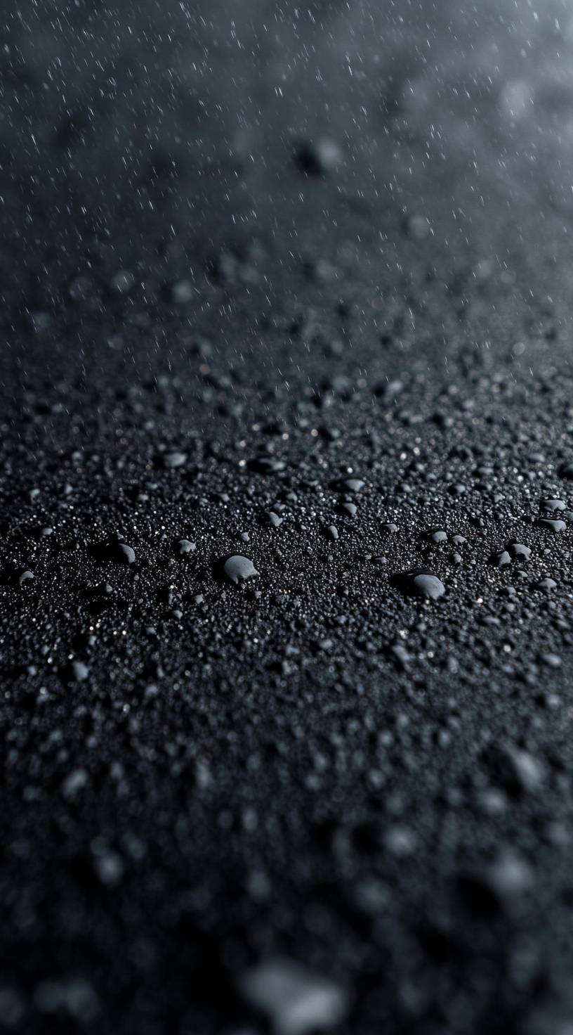 Misty raindrops on Iceland's black sand beach create a cinematic texture with distant blurred waves.