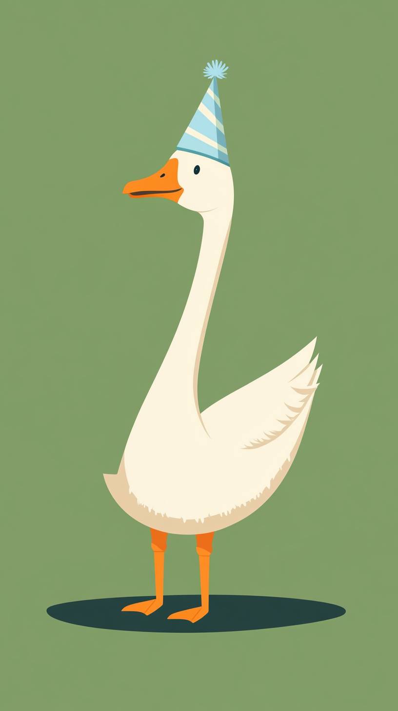 A simple cartoon image of a white long-necked goose wearing a light blue party hat, standing against a solid green background with orange feet.