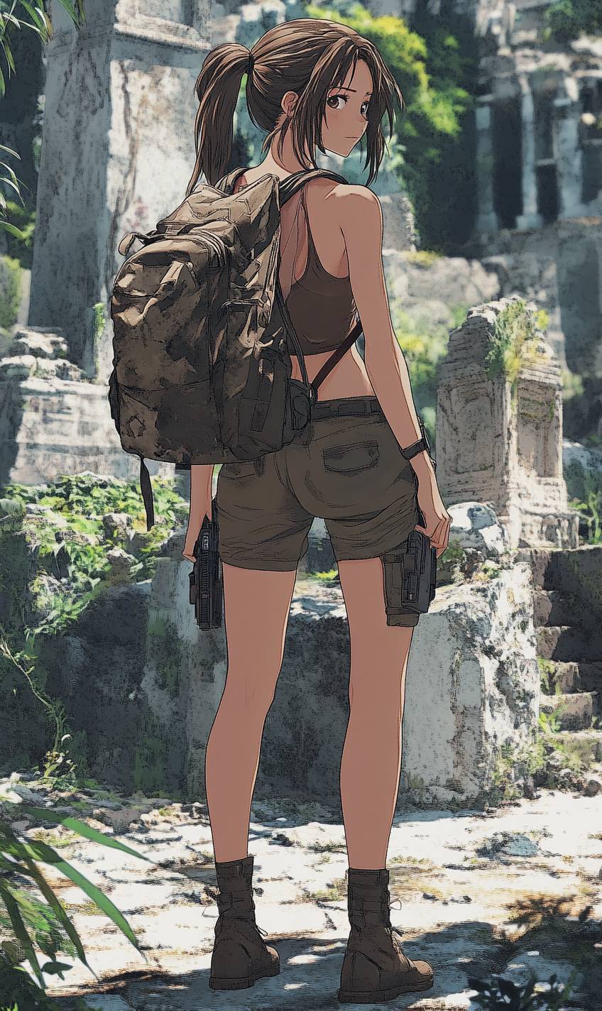 Una chica de anime con trenza marrón, pantalones cargo, camiseta sin mangas, botas de combate y mochila de cuero en ruinas antiguas.