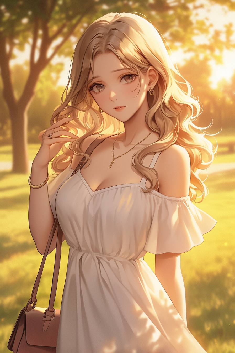 Anime-Mädchen inspiriert von Taylor Swift mit blonden, gewellten Haaren, lässigem weißen Sommerkleid, brauner Leder-Umhängetasche, zartem Goldanhänger, natürlicher Schminke, das in einem Park mit weichem Licht spaziert.