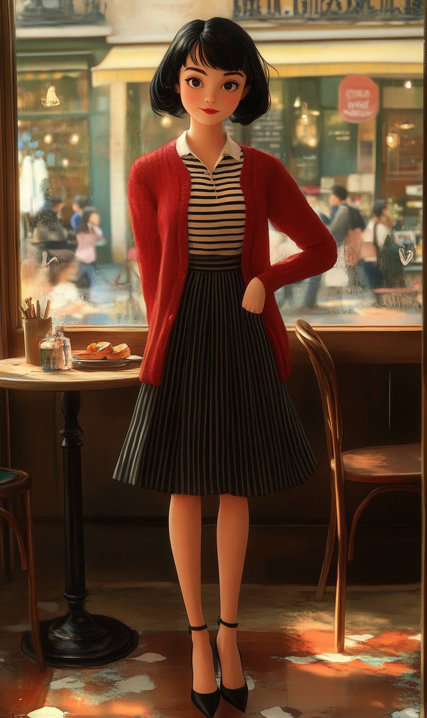 Mode von Amelie Poulain, Anime-Mädchen mit schwarzem Bob, rotem Cardigan, gestreiftem Shirt, Midirock, Mary-Jane-Schuhen, Pariser Café