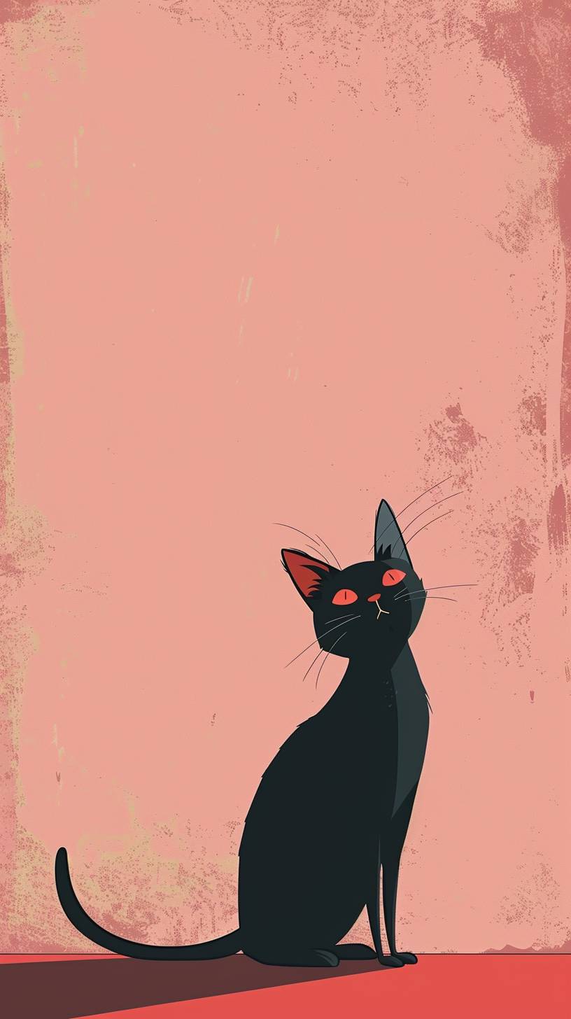 Um gato preto está em pé sobre um fundo rosa.